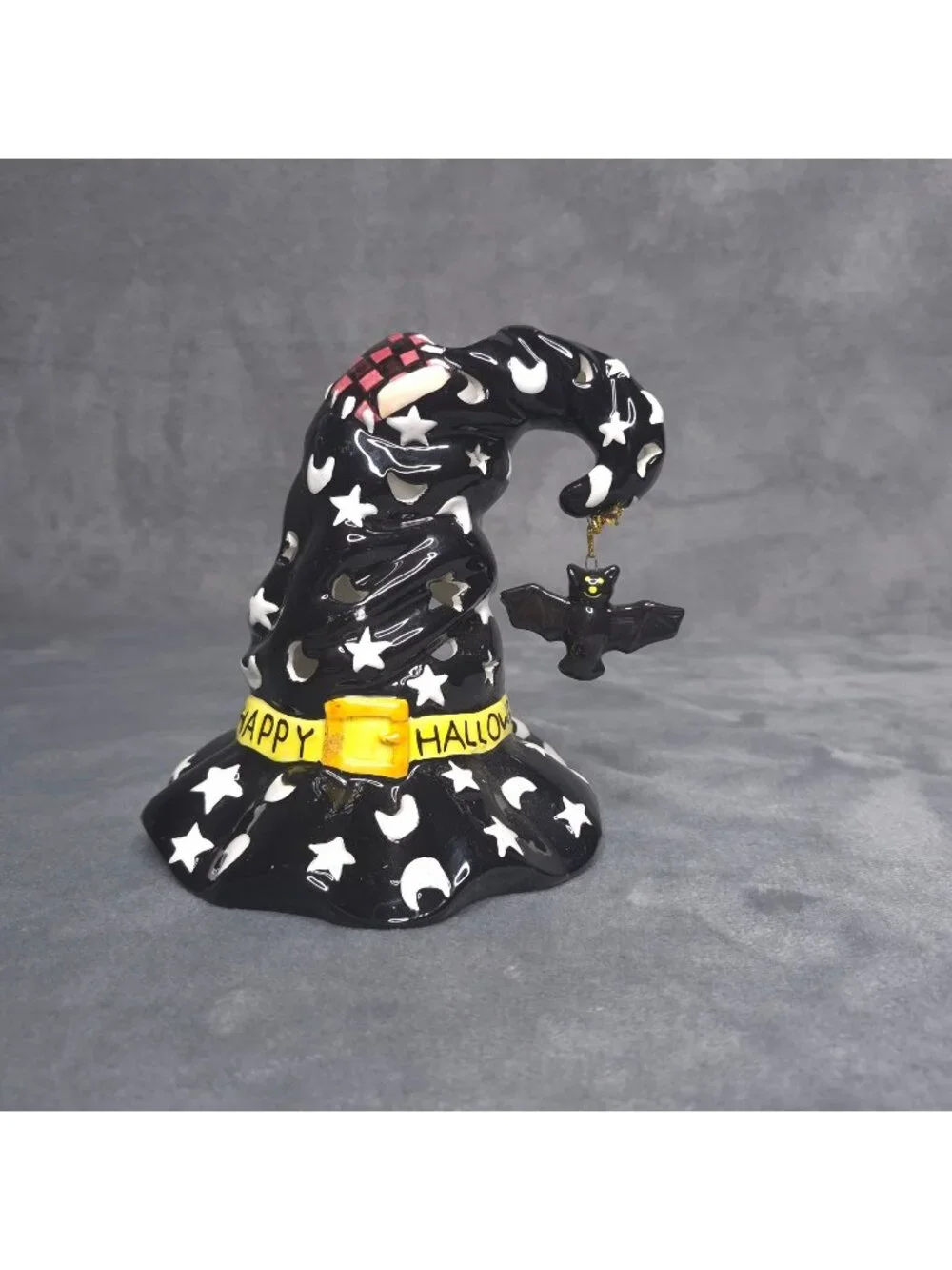 Happy Halloween Ceramic Witch Hat Candle Holder Bat Charm